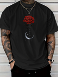 Men's T-Shirt Blooming Red Rose With Droplets Above Crescent Moon Rose