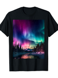 Men's T-Shirt Colorful Northern Lights Above Forest And Mountain Landscape