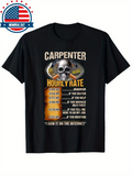Men's T-Shirt Carpenter Hourly Rate With Skull Tools And Wooden Plank Surrounded By Text