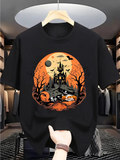 Men's T-Shirt Spooky Haunted Night With Bats Pumpkins And Eerie Castle Under Full Moon