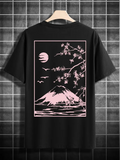 Men's T-Shirt Cherry Blossom Branches And Flying Birds Framing Snow Capped Mountain Night Scene