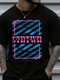 Men's T-Shirt Neon Blue Pink Graphic Lines Framing Futuristic Streetwear Typography