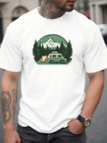 Men's T-Shirt Morning Forest With Snowy Mountain Camp Van Tent And Pine Trees