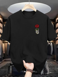 Men's T-Shirt Tiny Single Red Rose Embroidered On Simple Plain Cotton T Shirt