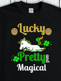 Men's T-Shirt Lucky Pretty And Magical With Shamrocks And Playful Unicorn