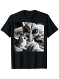 Men's T-Shirt Outer Space Window Scene With Cat And Friendly Smiling Alien