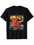 Men's T-Shirt Sailing Crew Vibrant Red Sailboat With Abstract Artistic Background