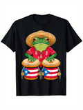 Men's T-Shirt Cartoon Frog Wearing Straw Hat Playing Puerto Rican Bongos