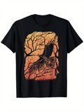 Men's T-Shirt Twilight Silhouette Trees With Flying Raven Under Dusky Sky