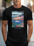 Men's T-Shirt Monaco Coastal Cityscape With Yachts And Blooming Pink Flowers
