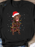Men's T-Shirt Chocolate Dog Sitting With Santa Hat And Christmas Lights Surrounded By Snowflakes