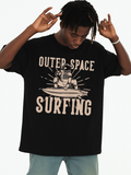Men's T-Shirt Outer Space Surfing With Astronaut Riding Waves And Cosmic Sunburst Surfboard