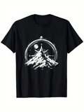 Men's T-Shirt Snowy Mountain Peaks Under The Full Moon With Compass Design