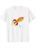 Men's T-Shirt Retro Futuristic Orange Rocket Blasting With Blue Flames Under Starry Sky Rocket