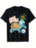 Men's T-Shirt Playful Blue Sea Turtle With Ship Anchor And Sailing Among Ocean Compass Turtle