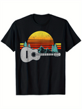 Men's T-Shirt Retro Sunset With Mountains Pine Trees And Acoustic Guitar