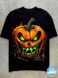 Men's T-Shirt Glowing Green Flames Erupting Around Menacing Halloween Pumpkin