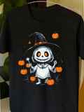 Men's T-Shirt Whimsical Halloween Cartoon Pumpkins With Cute Skeleton Witch Figure
