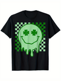 Men's T-Shirt Melting Shamrock Smile With Vibrant Green Checkered Graphic Face