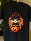 Men's T-Shirt Whimsical Black Cat With Witch Hat Holding Pumpkin Lantern