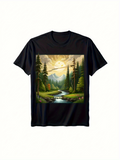 Men's T-Shirt Glowing Sunlight Over River Flowing In Pine Forest Landscape