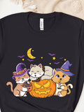 Men's T-Shirt Halloween Moonlit Night With Playful Cats Surrounded By Pumpkins And Bats