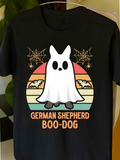Men's T-Shirt German Shepherd Boo Dog Sunset Spooky Bats With Webs And Playful Ghost Dog