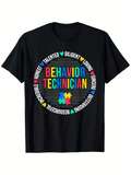 Men's T-Shirt Behavior Technician Colorful Lettering With Puzzle Piece Surrounded By Heart Icons