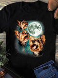 Women's T-Shirt Full Moon With Glowing Stars And Playful Yorkshire Terrier Dogs