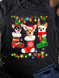 Women's T-Shirt Christmas Lights Hanging Stockings With Festive Dogs And Holiday Decorations Puppies