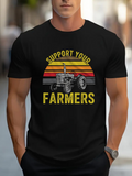 Men's T-Shirt Support Your Farmers Retro Sunset With Vintage Tractor Illustration