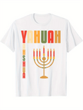 Men's T-Shirt Colorful Lettering With Burning Candles Golden Menorah