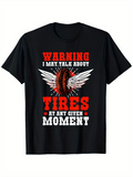 Men's T-Shirt Warning Words With Bold Red Letters Winged Tire Among Bright Starburst Moment