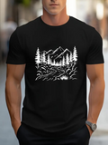 Men's T-Shirt Flowing River With Pine Trees And Snow Covered Mountain Scene