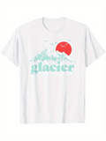 Men's T-Shirt Glacier Misty Mountains With Bright Red Sun Birds And Pine Trees