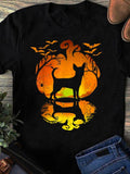 Women's T-Shirt Glowing Pumpkin Shadows With Reflected Trees Moon And Bats Dog