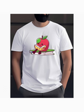 Men's T-Shirt Cartoon Green Leaf With Books Playful Red Apple