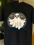 Men's T-Shirt Spooky Night With Flying Pumpkins And Happy Cartoon Ghost