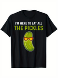 Men's T-Shirt Im Here To Eat All The Pickles With Cool Sunglasses Wearing Cartoon Pickle