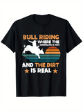 Men's T-Shirt Bull Riding Retro Stripes With Charging Cowboy Under Sunset Bull
