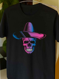 Men's T-Shirt Colorful Neon Glow With Grinning Skull Wearing A Wide Brimmed Hat