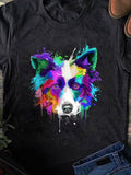 Women's T-Shirt Splattered Neon Paint Among Colorful Strokes Dog Face
