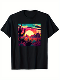 Men's T-Shirt Colorful Desert Sunset With Tall Cactus Silhouettes And Distant Mountains