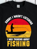 Men's T-Shirt Sorry I Wasnt Listening Sunset With Fishing Boat And Silhouette Of Angler Fishing