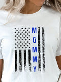 Women's T-Shirt Distressed American Flag With Vertical Blue Lettering Mommy