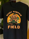 Men's T-Shirt Scary Pumpkin Field With Glowing Jackolanterns Surrounded By Bats On Dark Night Pumpkin