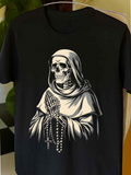 Men's T-Shirt Dark Robed Figure With Praying Hands And Rosary Beads Skeleton