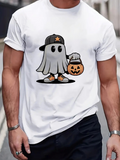 Men's T-Shirt Halloween Ghost With Baseball Cap And Pumpkin Lantern