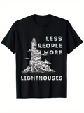 Men's T-Shirt Less People More Rocky Coast With Detailed Lighthouse Illustration