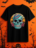 Men's T-Shirt Colorful Sunset With Tropical Leaves Behind Skull